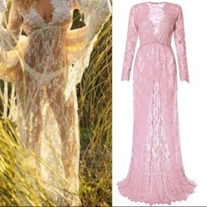 Muted Rose IvyLeaf Sheer Soft Lash Lace Maxi Dress